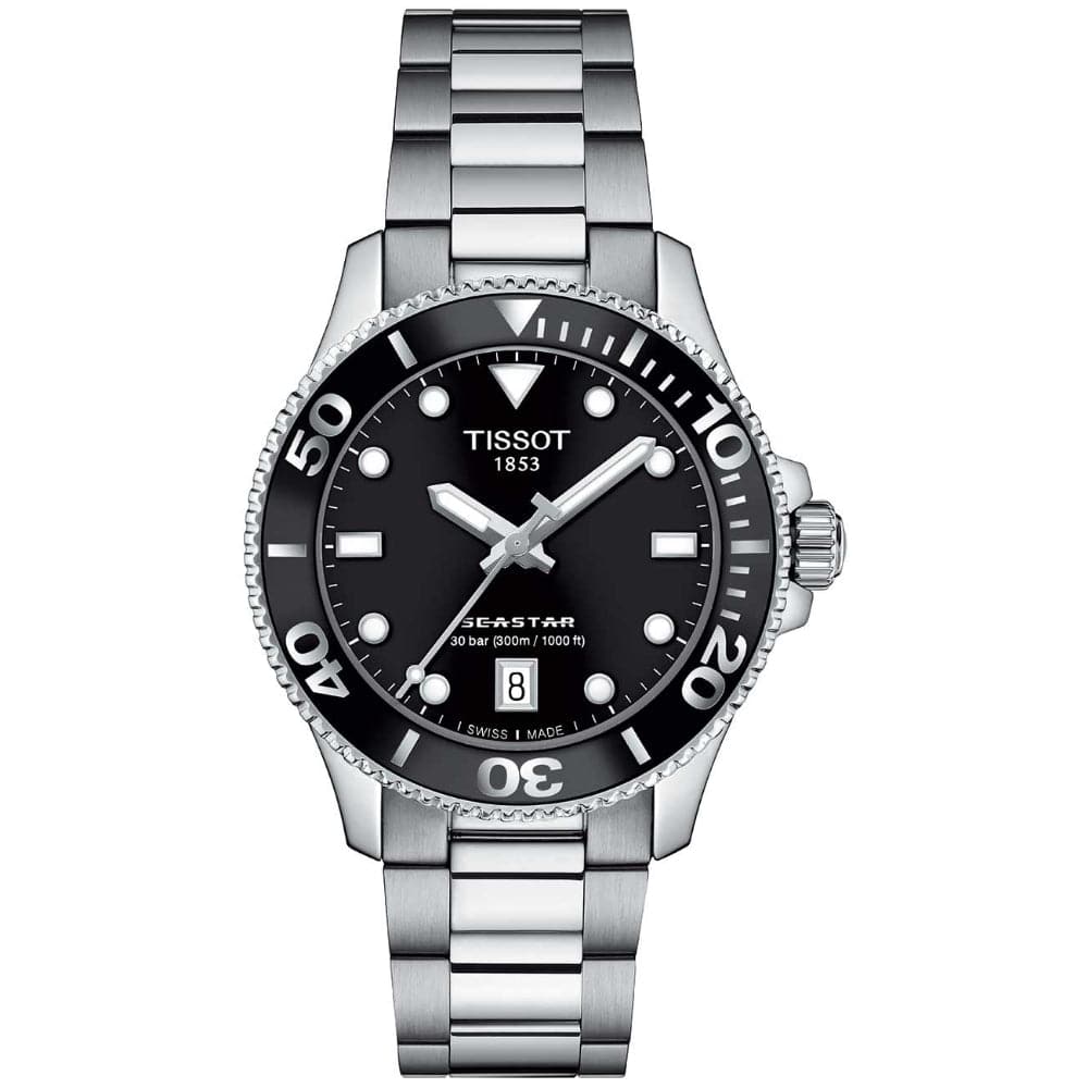 Tissot Seastar Black Dial Silver Stainless Steel Strap Men Watch