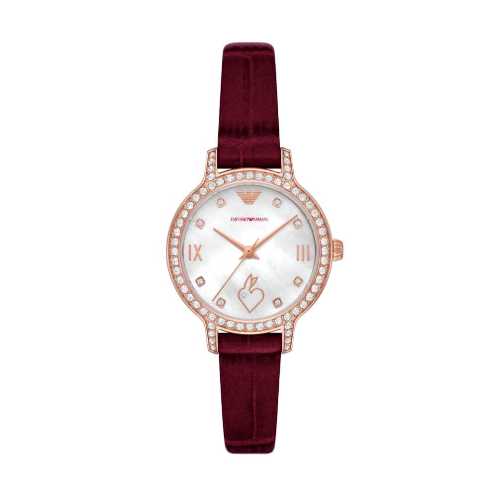 Emporio Armani White Dial Burgundy Leather Strap Women Watch