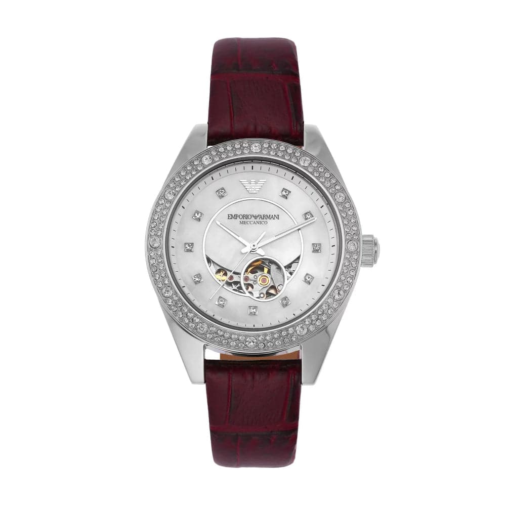 Emporio Armani Silver Dial Red Leather Strap Women Watch AR60075