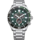 Citizen Eco-Drive Chronograph Green Dial Silver Stainless Steel Strap Men Watch AT2561-81X