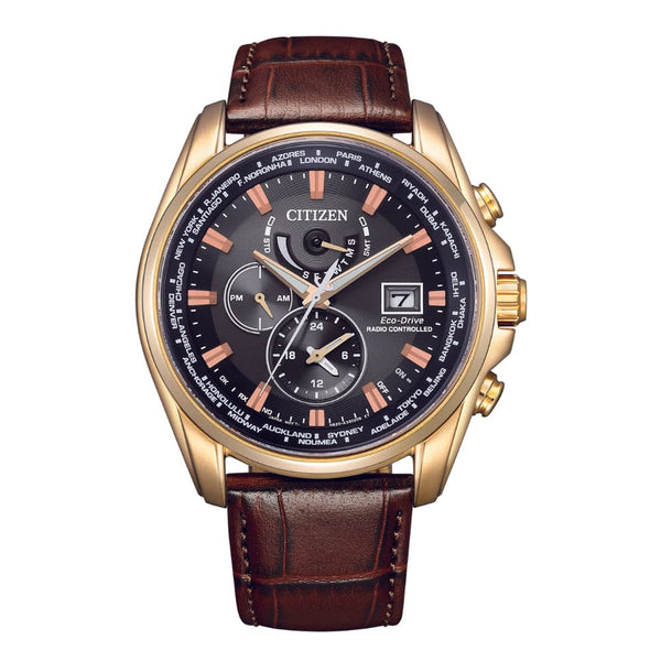 Citizen Eco-Drive World Time GMT Brown leather Strap Men Watch AT9123-13E