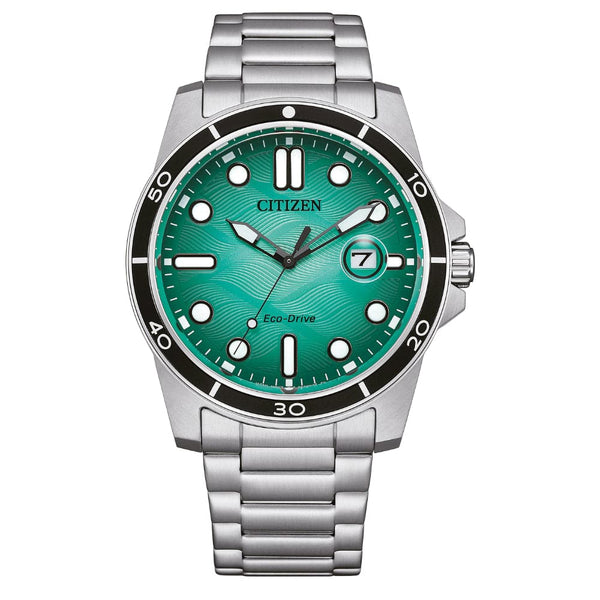 Citizen Eco-Drive Turquoise Dial Silver Stainless Steel Strap Men Watch AW1816-89L