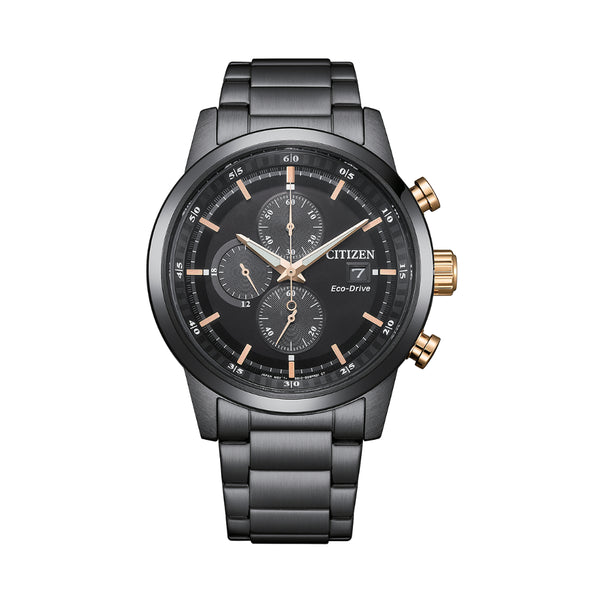 Citizen Eco-Drive Chronograph Black Stainless Steel Strap Men Watch CA0746-85E