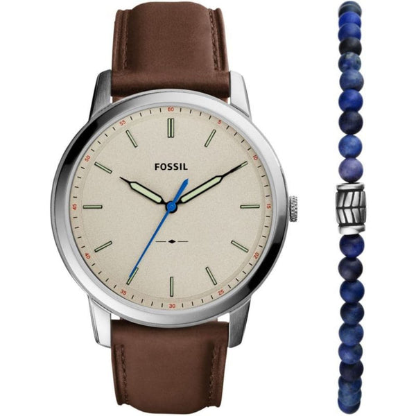 Fossil Minimalist Brown Leather Strap Men Watch Set FS5966SETP