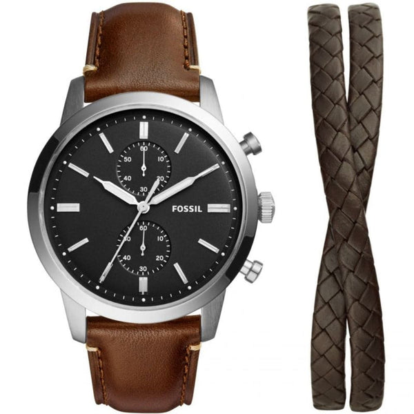 Fossil Townsman Chronograph Brown Leather Strap Men Watch Set FS5967SETP