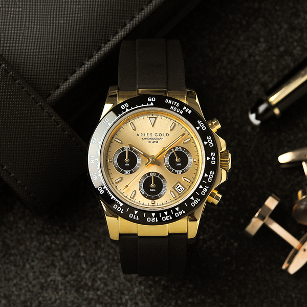 Aries Gold Chronograph Black Silicone Strap Men Watch - G 7024A Series