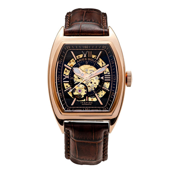 ARIES GOLD AUTOMATIC INFINUM CRUISER GOLD STAINLESS STEEL G 901A RG-BKRG BROWN LEATHER STRAP MEN'S WATCH