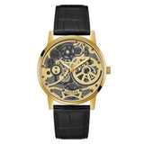 Guess Skeleton Dial Black Leather Strap Men Watch GW0570G1