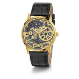 Guess Skeleton Dial Black Leather Strap Men Watch GW0570G1