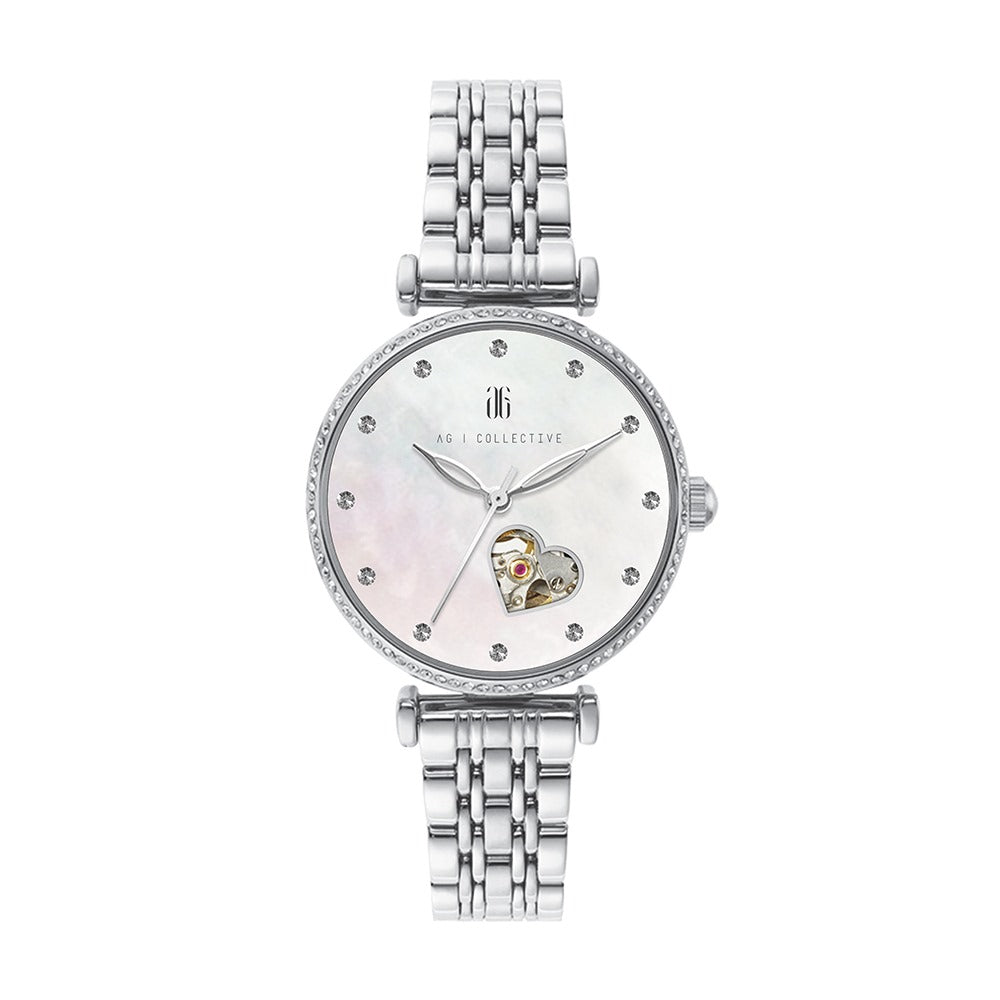 AG Collective L 5043 Series Open Heart With 12 Stones Stainless Steel Strap Women Watch