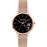 Oui & Me Black Floral Dial Rose Gold Milanese Strap Women Watch ME010374