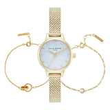 Olivia Burton White & Gold Mesh Watch & Interlink & Pearl Bracelet Gift Set OBGSET167