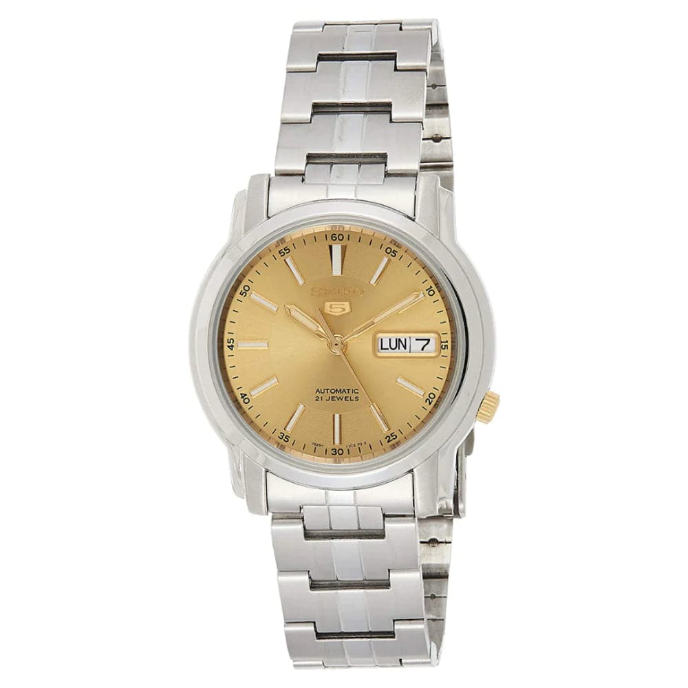 Gold seiko 5 on sale automatic 21 jewels