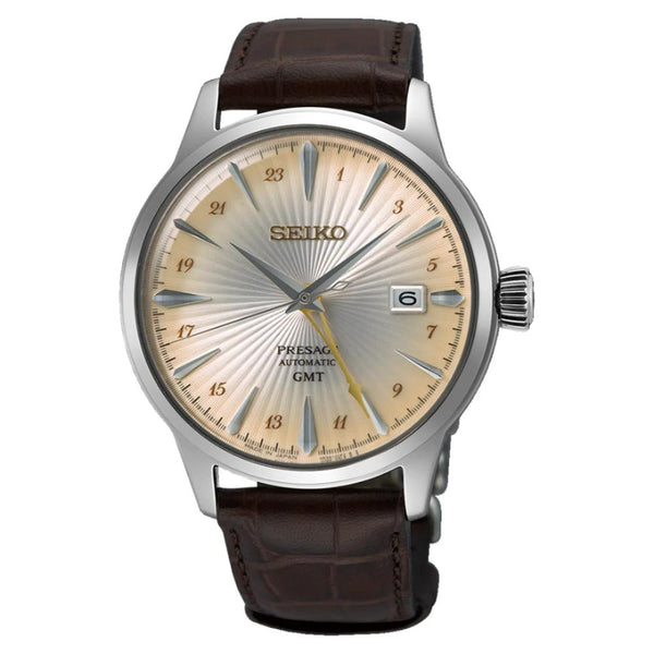 Seiko Presage Automatic GMT Acacia Brown Leather Strap Men's Watch SSK041J1