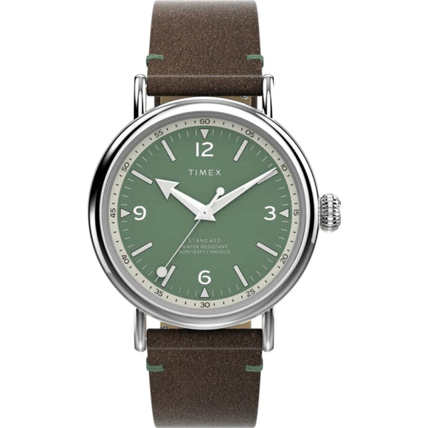 Timex Standard Green Dial Brown Leather Strap Unisex Watch TW2V71200