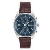 HUGO BOSS SKYTRAVELLER BLUE DIAL BROWN LEATHER WATCH 1514194