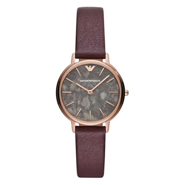 EMPORIO ARMANI ANALOG QUARTZ ROSE GOLD STAINLESS STEEL AR11172 PURPLE LEATHER STRAP WOMEN'S WATCH - H2 Hub Watches