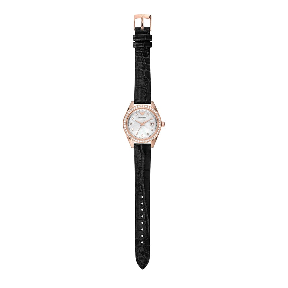 Emporio Armani Silver Dial Black Leather Strap Women Watch AR11505