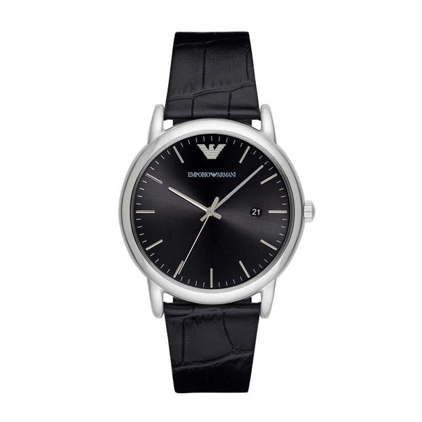 EMPORIO ARMANI ANALOG QUARTZ SILVER STAINLESS STEEL BLACK LEATHER STRAP AR2500 MEN'S WATCH - H2 Hub Watches