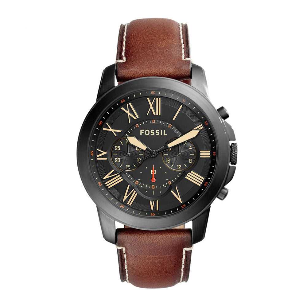 FOSSIL GRANT CHRONOGRAPH BLACK STAINLESS STEEL FS5241 BROWN LEATHER STRAP MEN'S WATCH - H2 Hub Watches