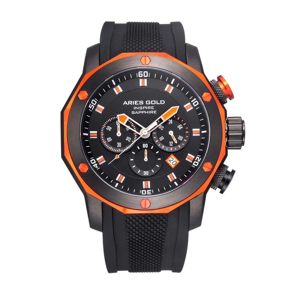 ARIES GOLD CHRONOGRAPH VENTURER ORANGE STAINLESS STEEL G-7012Z-BK-OR BLACK SILICONE STRAP MEN'S WATCH - H2 Hub Watches