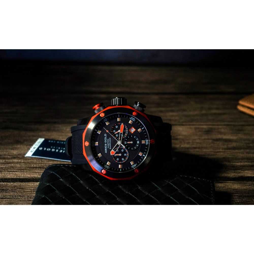 ARIES GOLD CHRONOGRAPH VENTURER ORANGE STAINLESS STEEL G-7012Z-BK-OR BLACK SILICONE STRAP MEN'S WATCH - H2 Hub Watches