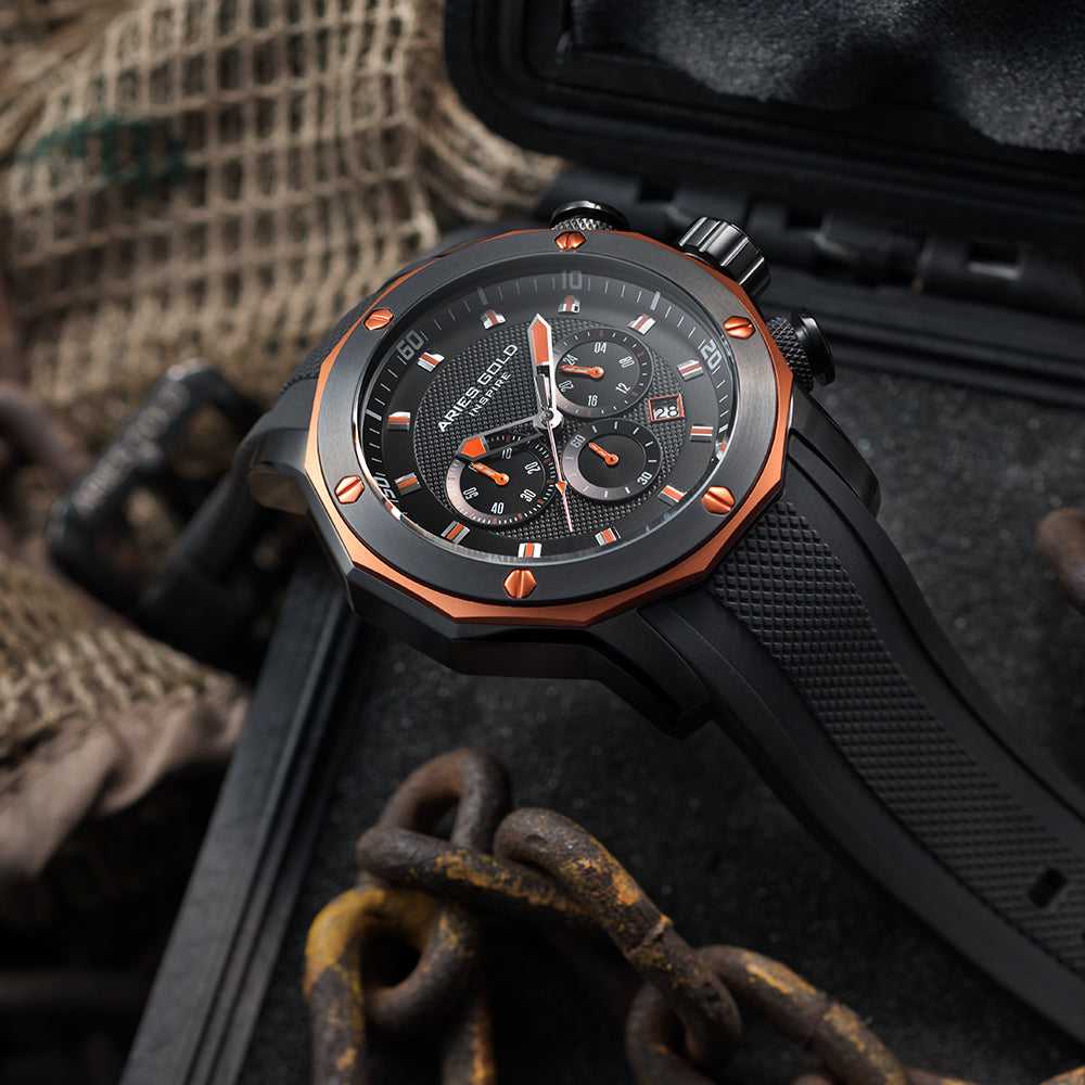 ARIES GOLD CHRONOGRAPH VENTURER ORANGE STAINLESS STEEL G-7012Z-BK-OR BLACK SILICONE STRAP MEN'S WATCH - H2 Hub Watches